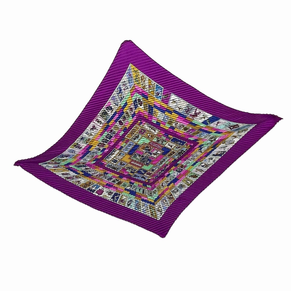 Hermes Carre 90 Pleated Correspondence Scarf/Muffler With Stamp Pattern, Silk...